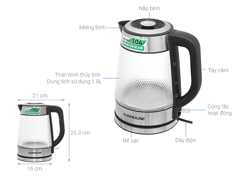 Bình đun siêu tốc Sunhouse 1.8 lít SHD1220