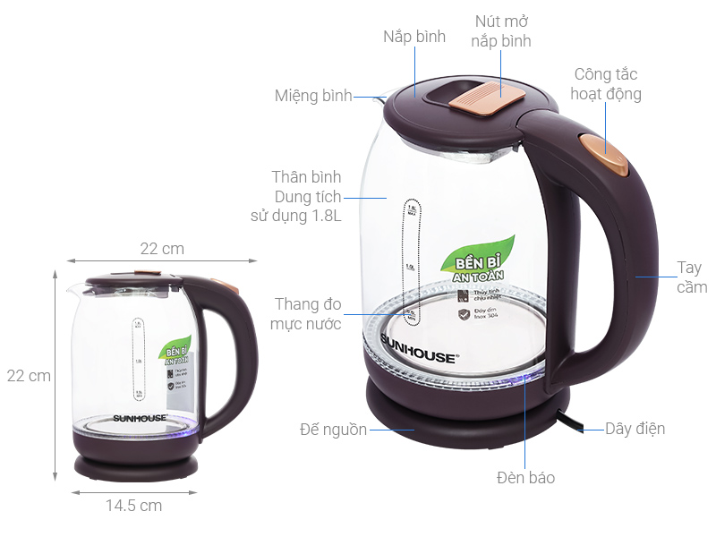Bình đun siêu tốc Sunhouse 1.8 lít SHD1212
