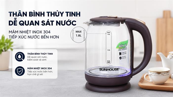 Bình đun siêu tốc Sunhouse 1.8 lít SHD1212 Màu Đen