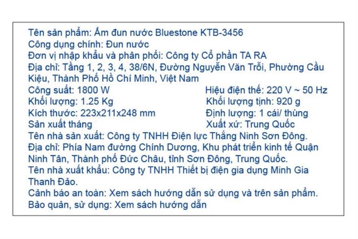 Bình đun siêu tốc BlueStone 1.7 lít KTB-3456 Màu Xanh Dương