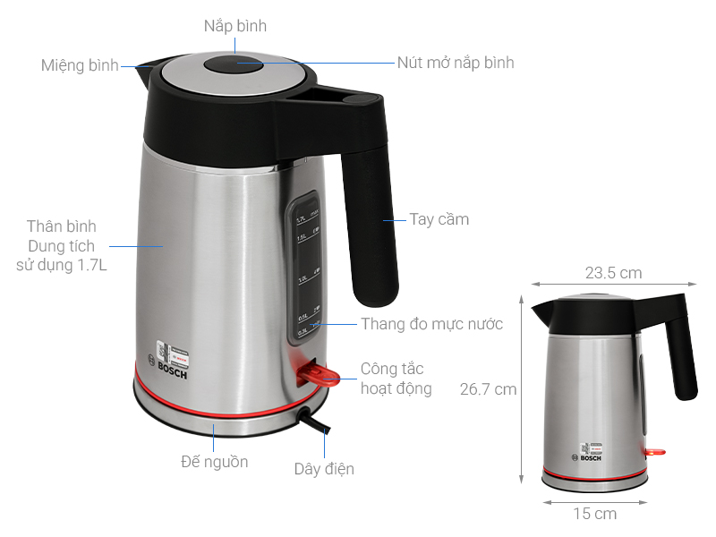 Bình đun siêu tốc Bosch 1.7 lít TWK6M480