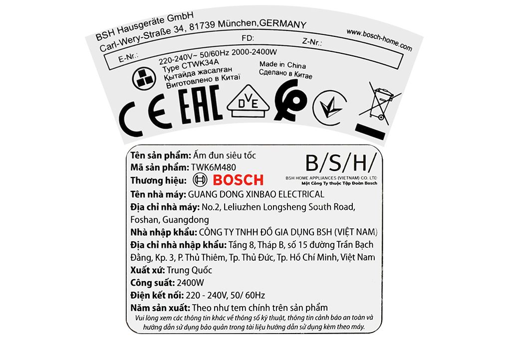 Bình đun siêu tốc Bosch 1.7 lít TWK6M480 Màu Inox