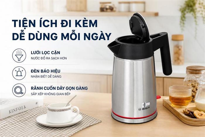 Bình đun siêu tốc Bosch 1.7 lít TWK6M480 Màu Inox