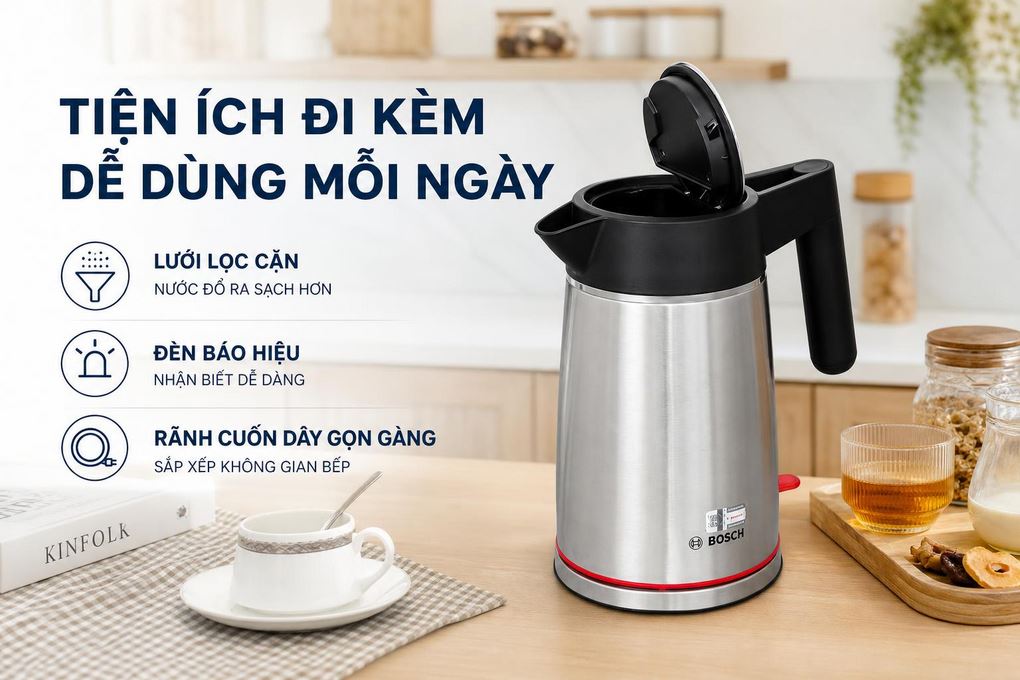 Bình đun siêu tốc Bosch 1.7 lít TWK6M480 Màu Inox