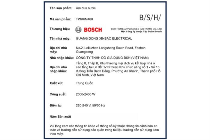 Bình đun siêu tốc Bosch 1.7 lít TWK6M480