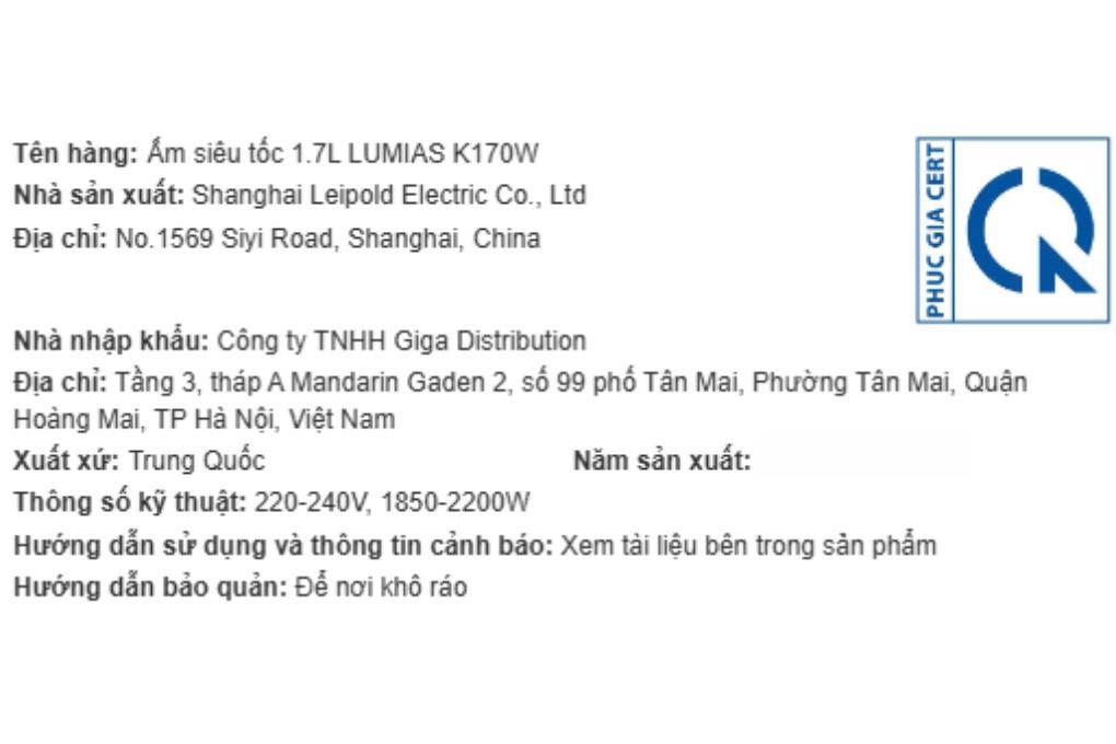 Bình đun siêu tốc Lumias 1.7 lít K170W Màu Trắng