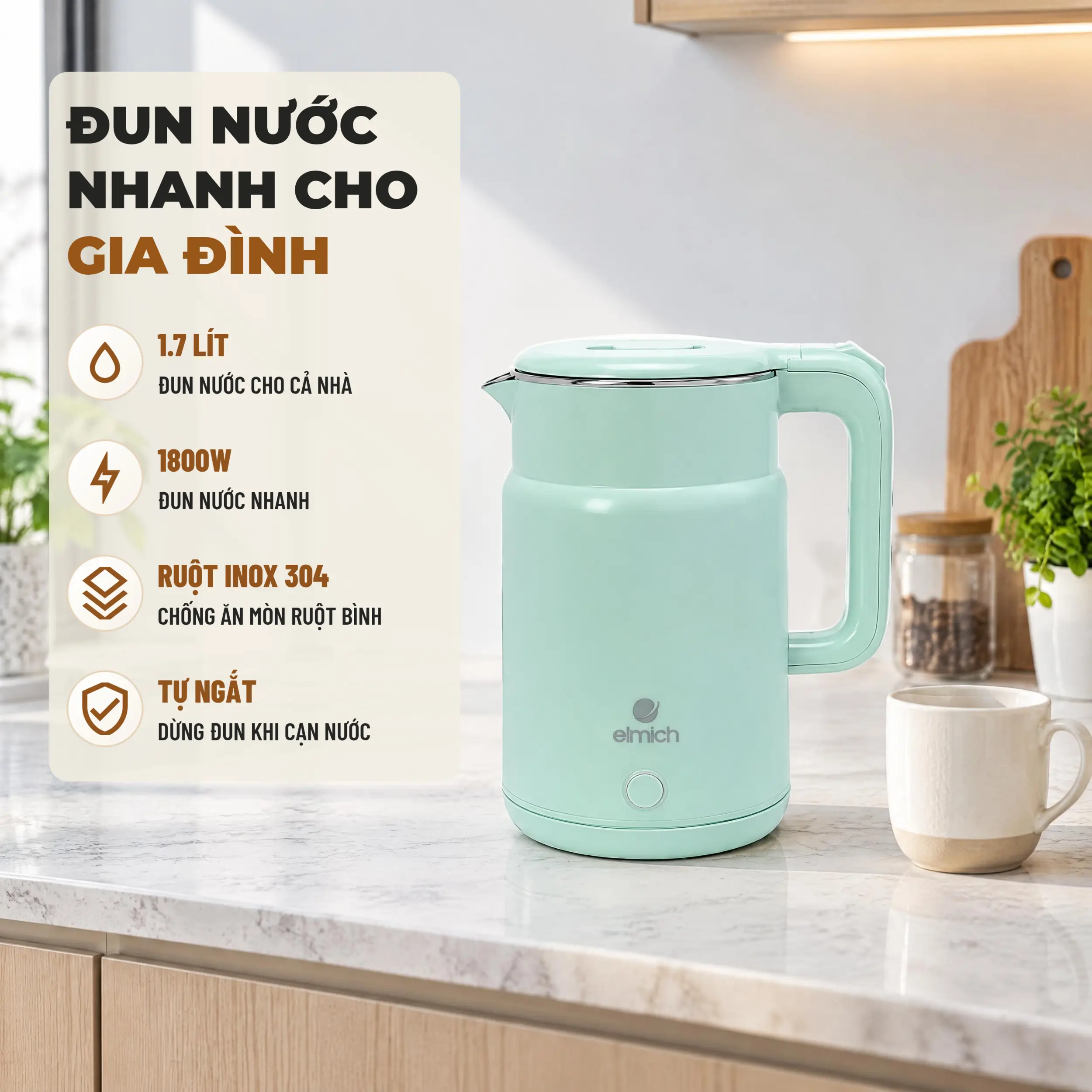Bình đun siêu tốc Elmich 1.7 lít KEE9149 Màu Xanh mint