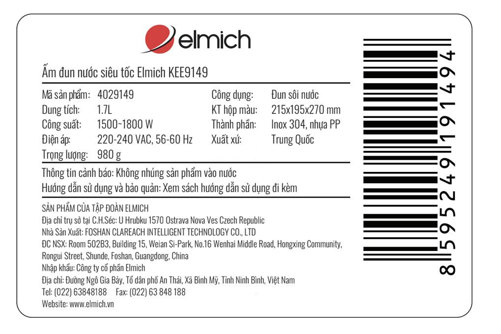 Bình đun siêu tốc Elmich 1.7 lít KEE9149 Màu Xanh mint