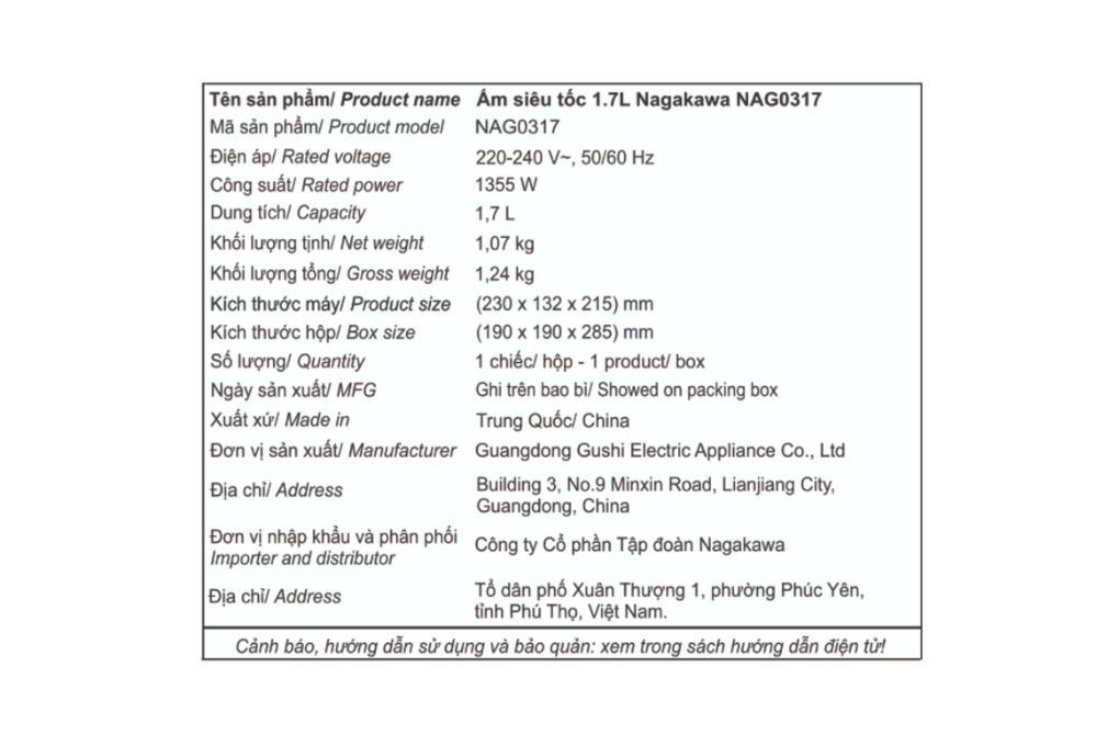 Bình đun siêu tốc Nagakawa 1.7 lít NAG0317 Màu Đen