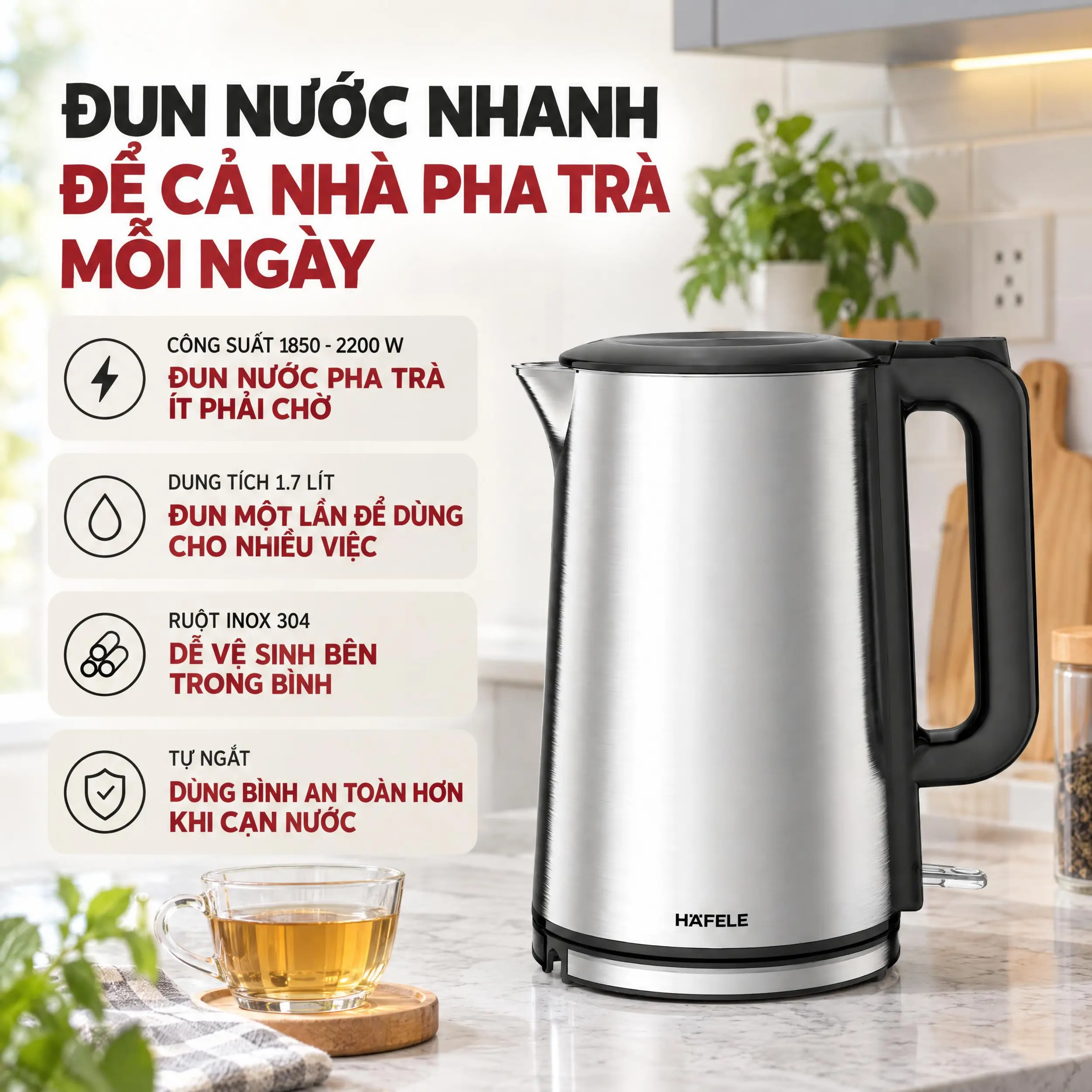 Bình đun siêu tốc Hafele 1.7 lít HS-K1703DX Màu Bạc Inox