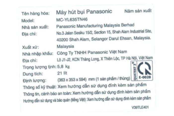 Máy hút bụi công nghiệp Panasonic MC-YL635TN46 Màu Đen - Vàng đồng