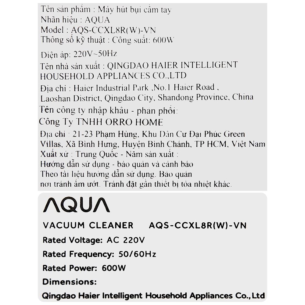 Máy hút bụi cầm tay AQUA AQS-CCXL8R(W)-VN Màu Trắng