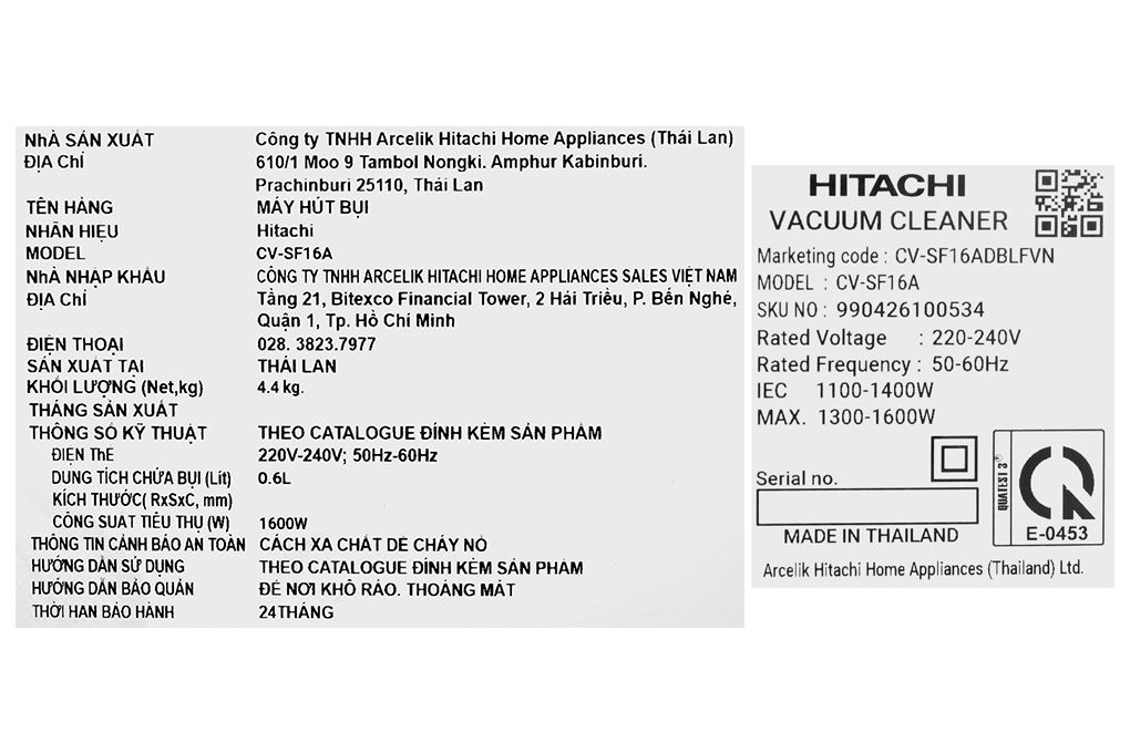 Máy hút bụi dạng hộp Hitachi CV-SF16A Màu Đen