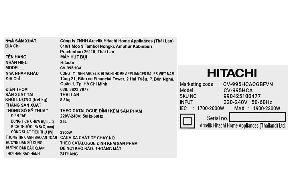 Máy hút bụi công nghiệp Hitachi CV-995HCA Màu Trắng