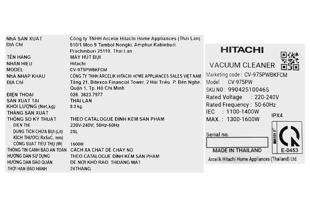 Máy hút bụi công nghiệp Hitachi CV-975PW Màu Trắng