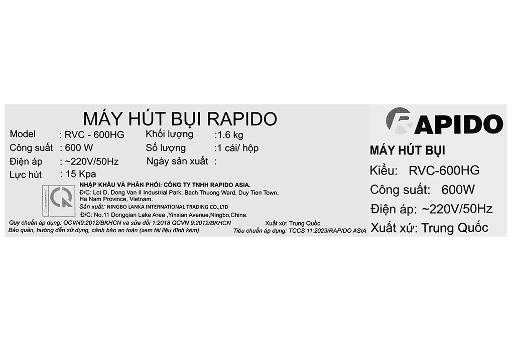 Máy hút bụi cầm tay Rapido RVC-600HG Màu Đen - Xám