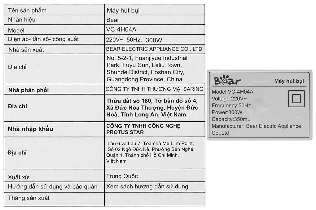 Máy hút bụi đệm giường Bear VC-4H04A Màu Trắng