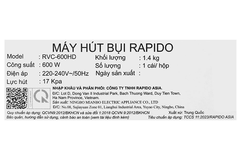 Máy hút bụi cầm tay Rapido RVC-600HD Màu Đen - Xám
