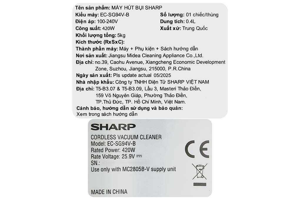 Máy hút bụi không dây Sharp EC-SG94V-B Màu Trắng