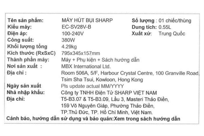 Máy hút bụi không dây Sharp EC-SV28V-B Màu Đen