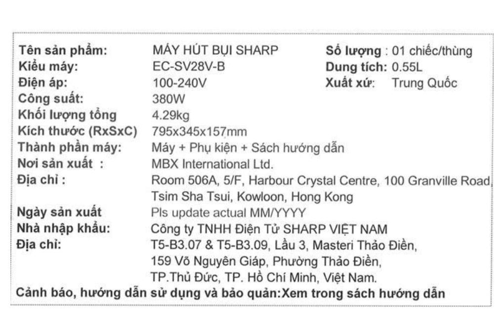 Máy hút bụi không dây Sharp EC-SV28V-B Màu Đen