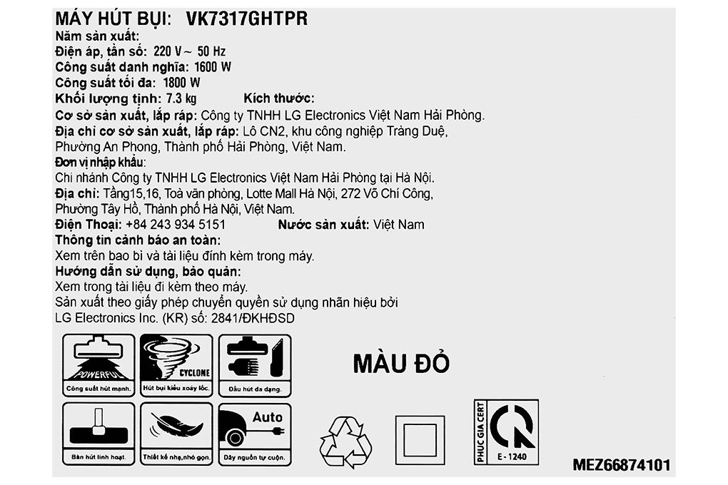 Máy hút bụi dạng hộp LG VK7317GHTPR Màu Đỏ