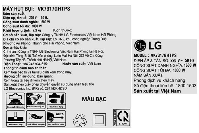 Máy hút bụi dạng hộp LG VK7317GHTPS Màu Xám