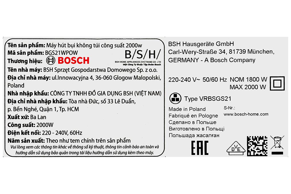 Máy hút bụi dạng hộp Bosch BGS21WPOW Màu Đen