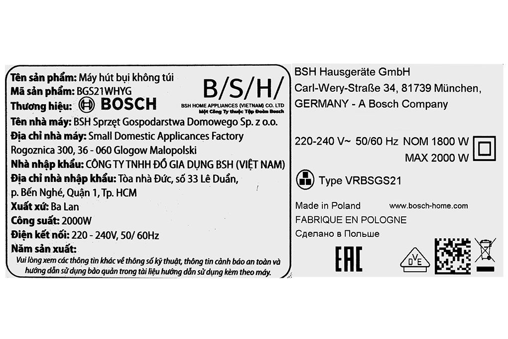 Máy hút bụi dạng hộp Bosch BGS21WHYG - 19