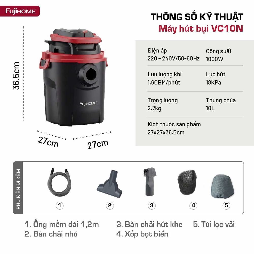 Máy hút bụi dạng hộp FUJIHOME VC10N Màu Trắng