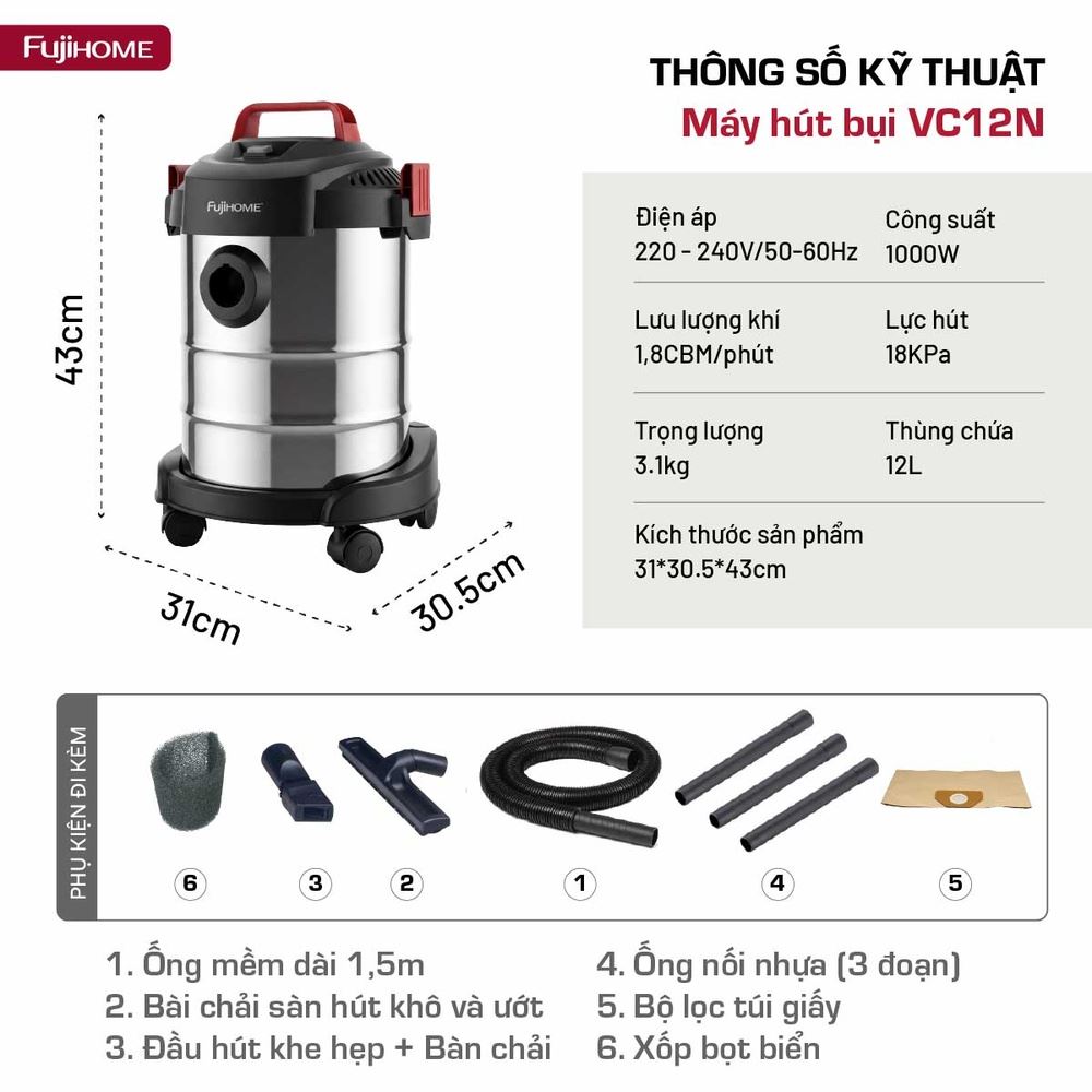 Máy hút bụi dạng hộp FUJIHOME VC12N Màu Trắng