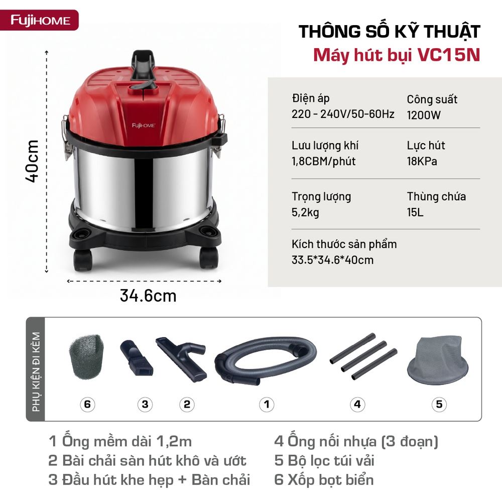 Máy hút bụi dạng hộp FUJIHOME VC15N Màu Trắng