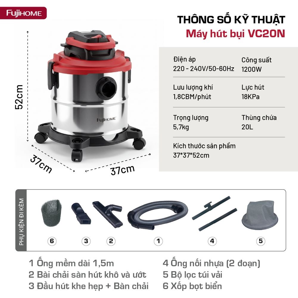 Máy hút bụi dạng hộp FUJIHOME VC20N Màu Trắng