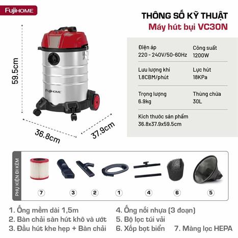 Máy hút bụi dạng hộp FUJIHOME VC30N Màu Trắng