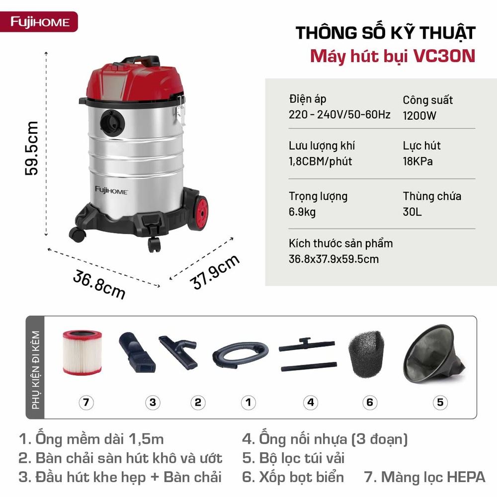 Máy hút bụi dạng hộp FUJIHOME VC30N Màu Trắng