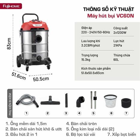 Máy hút bụi công nghiệp FUJIHOME VC60N Màu Trắng