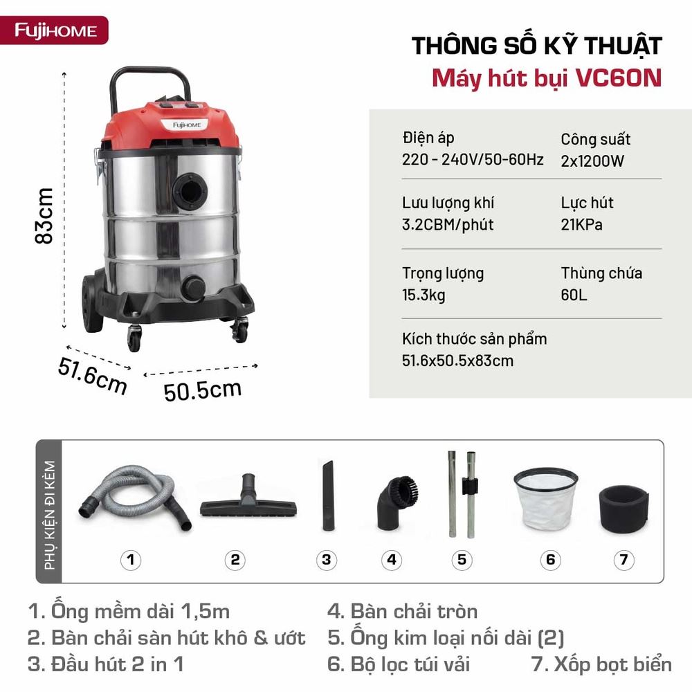 Máy hút bụi công nghiệp FUJIHOME VC60N Màu Trắng