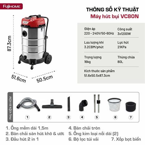 Máy hút bụi công nghiệp FUJIHOME VC80N Màu Trắng