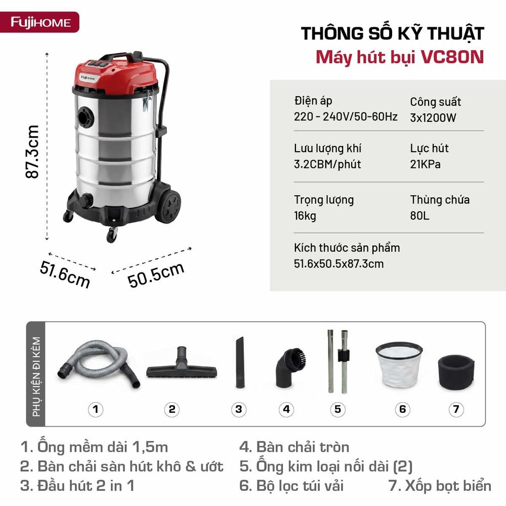 Máy hút bụi công nghiệp FUJIHOME VC80N Màu Trắng