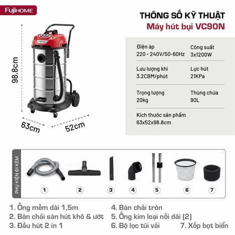 Máy hút bụi công nghiệp FUJIHOME VC90N Màu Trắng