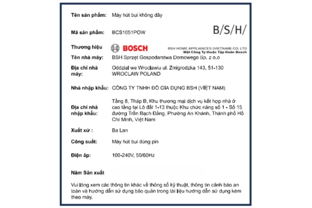 Máy hút bụi không dây Bosch BCS1051POW