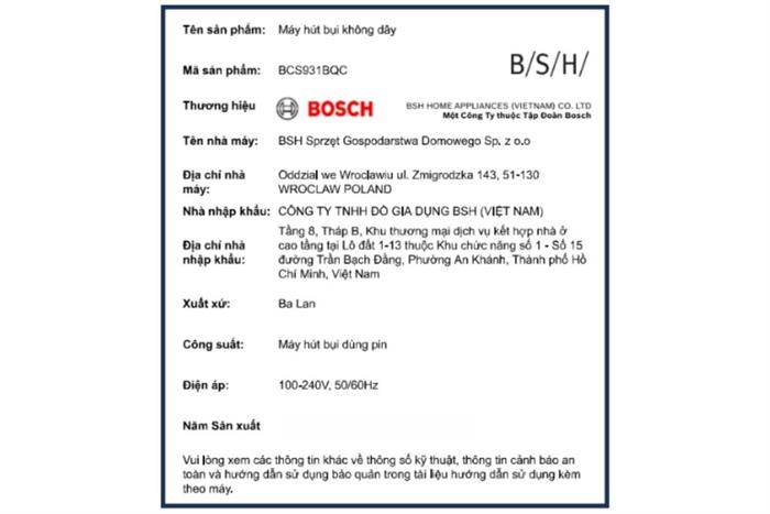 Máy hút bụi không dây Bosch BCS931BQC