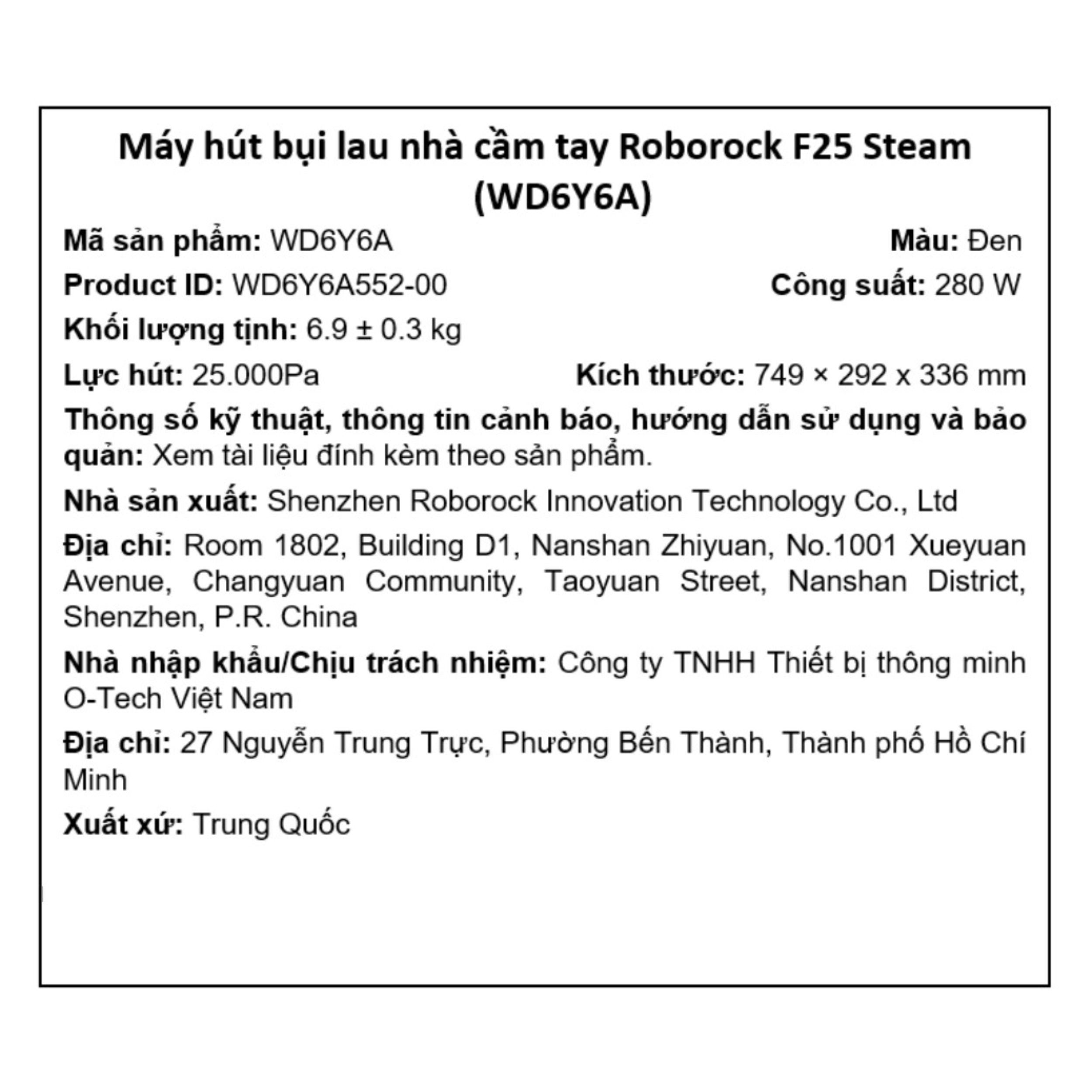 Máy hút bụi lau nhà Roborock F25 Steam (WD6Y6A) Màu Đen
