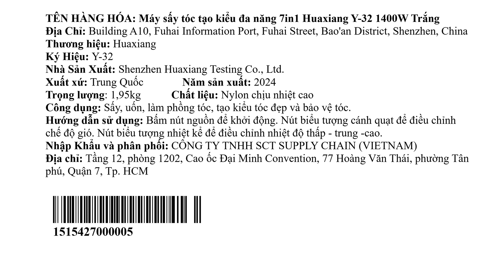 Máy sấy tóc tạo kiểu 1400W Huaxiang Y-32 Màu Trắng