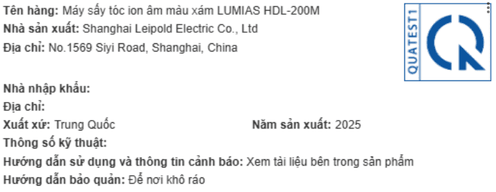 Máy sấy tóc tốc độ cao LUMIAS HDL-200M Xám Màu Xám