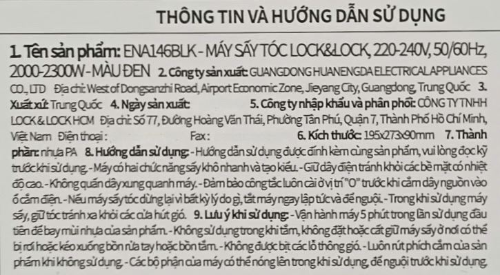 Máy sấy tóc Lock&Lock ENA146BLK Màu Đen
