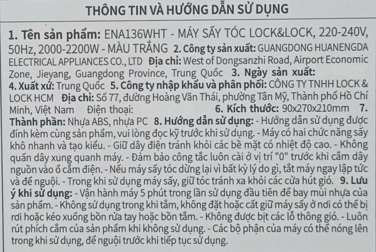Máy sấy tóc Lock&Lock ENA136WHT Màu Trắng