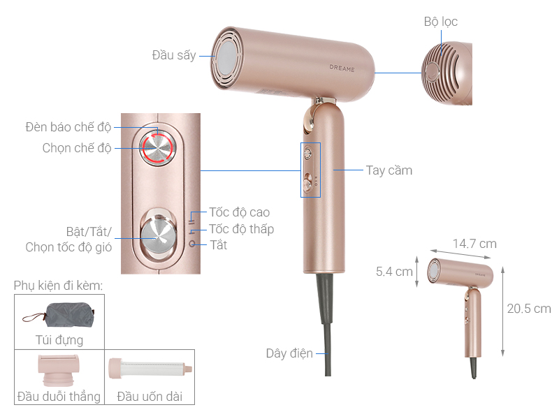 Máy sấy tóc và tạo kiểu đa năng tốc độ cao Dreame Pocket Uni AHD54 Rosy Gold