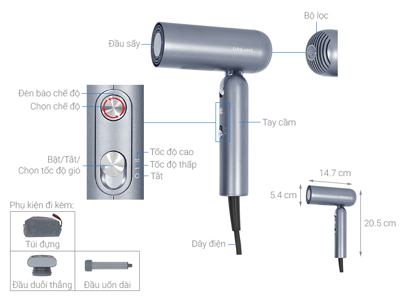 Máy sấy tóc và tạo kiểu đa năng tốc độ cao Dreame Pocket Uni AHD54 Space Gray
