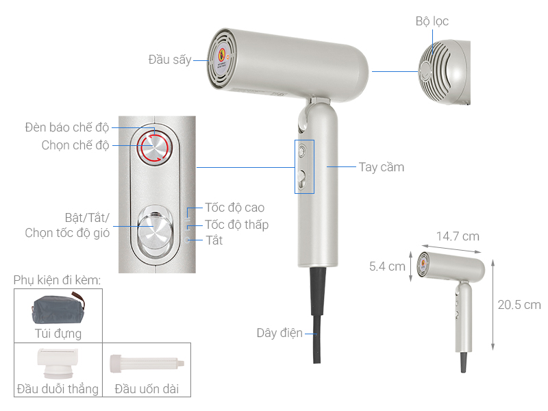 Máy sấy tóc và tạo kiểu đa năng tốc độ cao Dreame Pocket Uni AHD54 Titanium Gold